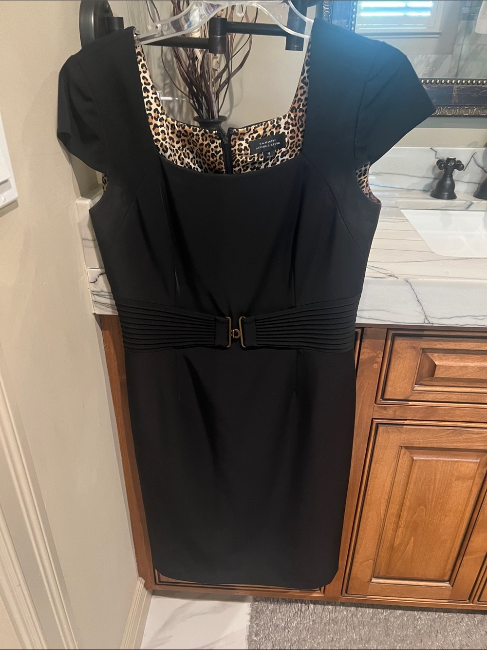 Tahari Black Midi Sheath Dress with Leopard-Print Lining
